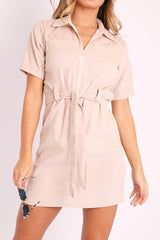 Beige Cord Zip Front Collar Belted Dress - Jakyia-Dresses