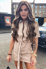 Beige Cord Zip Front Collar Belted Dress - Jakyia-Dresses