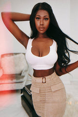 Beige Corduroy Belted Skirt - Alaysia-Skirts