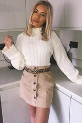 Beige Corduroy Button Front Mini Skirt - Elcie-Skirts