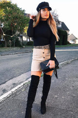 Beige Corduroy Button Front Mini Skirt - Elcie-Skirts