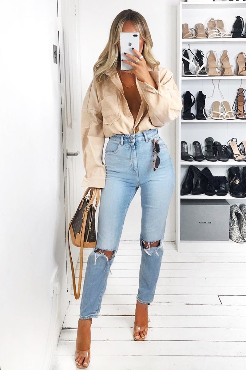 Beige Corduroy Button Front Oversized Shirt - Kyrah-Shirts
