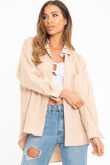 Beige Corduroy Button Front Oversized Shirt - Kyrah-Shirts