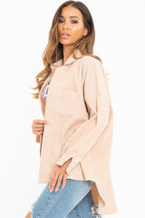 Beige Corduroy Button Front Oversized Shirt - Kyrah-Shirts
