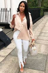 Beige Corduroy Button Front Oversized Shirt - Kyrah-Shirts