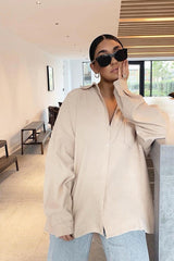Beige Corduroy Button Front Oversized Shirt - Kyrah-Shirts