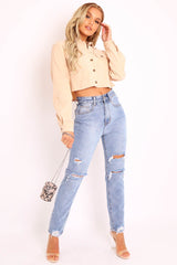 Beige Corduroy Utility Pocket Cropped Shirt - Eliora-Shirts