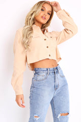 Beige Corduroy Utility Pocket Cropped Shirt - Eliora-Shirts