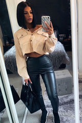 Beige Corduroy Utility Pocket Cropped Shirt - Eliora-Shirts