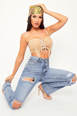 Beige Corset Lace Front Crop Top - Huda-Crop Tops