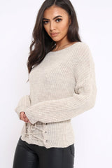 Beige Corset Waist Knitted Jumper - Elizabeth-Jumper