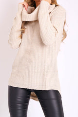 Beige Cowl Neck Longline Knitted Jumper - Cayden-Jumper