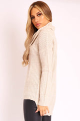 Beige Cowl Neck Longline Knitted Jumper - Cayden-Jumper