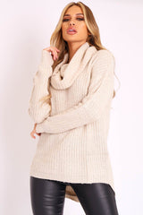 Beige Cowl Neck Longline Knitted Jumper - Cayden-Jumper
