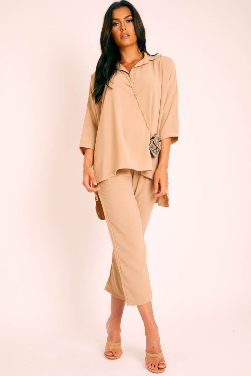 Beige Crepe Oversized Shirt and Cropped Trousers Co-ord - Ellee-Co-ords