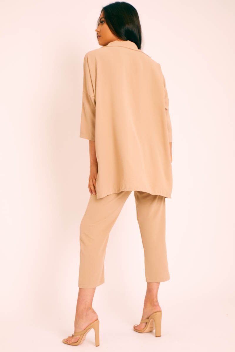 Beige Crepe Oversized Shirt and Cropped Trousers Co-ord - Ellee-Co-ords