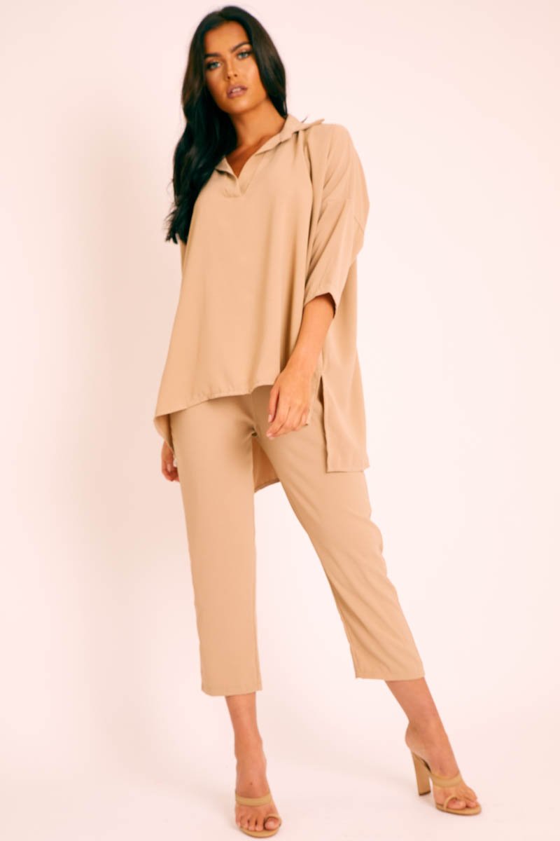 Beige Crepe Oversized Shirt and Cropped Trousers Co-ord - Ellee-Co-ords