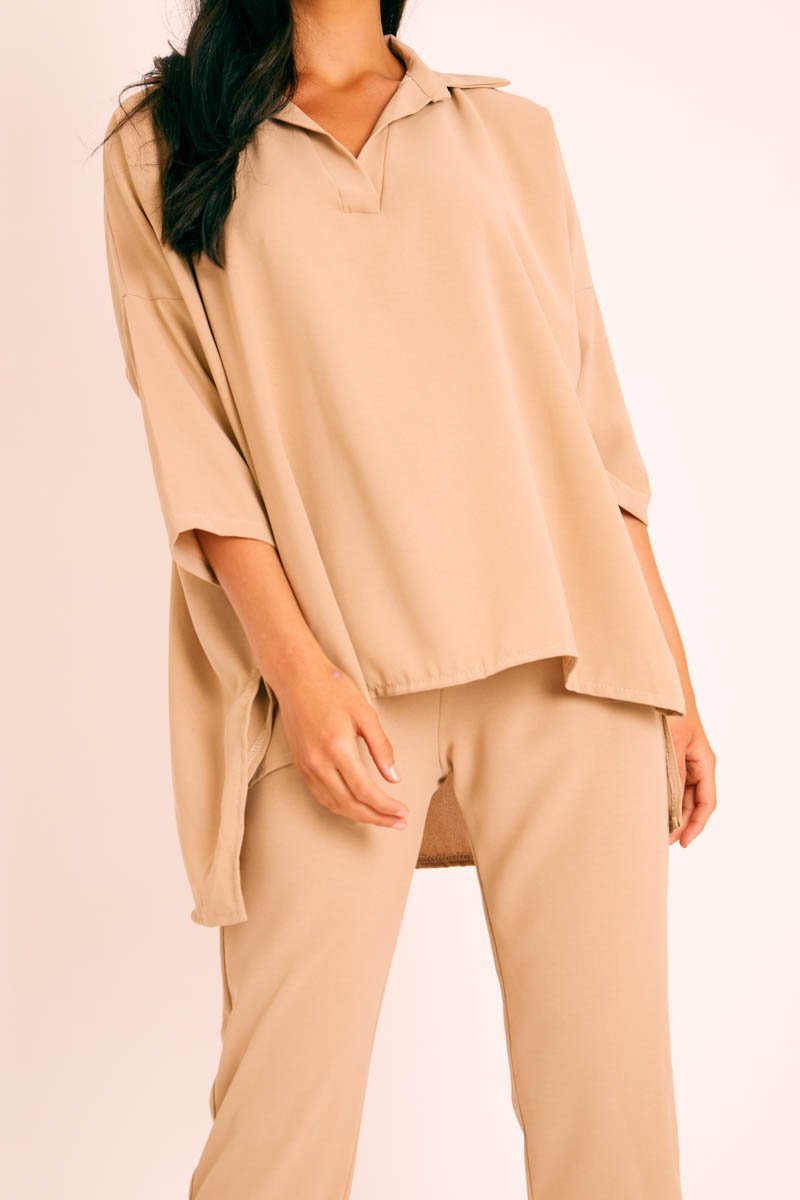 Beige Crepe Oversized Shirt and Cropped Trousers Co-ord - Ellee-Co-ords