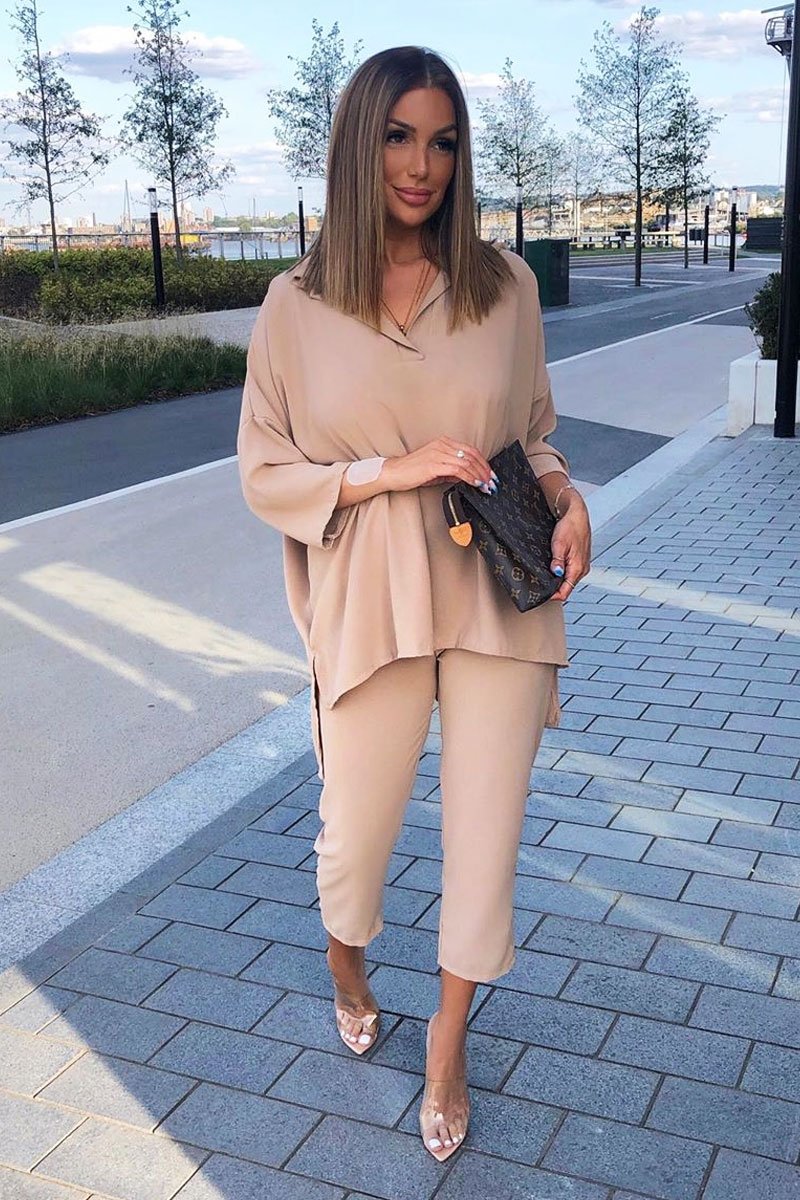 Beige Crepe Oversized Shirt and Cropped Trousers Co-ord - Ellee-Co-ords