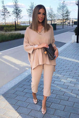 Beige Crepe Oversized Shirt and Cropped Trousers Co-ord - Ellee-Co-ords