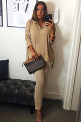 Beige Crepe Oversized Shirt and Cropped Trousers Co-ord - Ellee-Co-ords