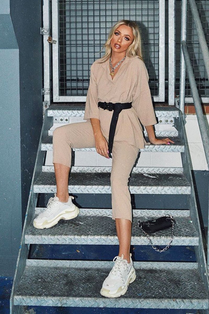 Beige Crepe Oversized Shirt and Cropped Trousers Co-ord - Ellee-Co-ords