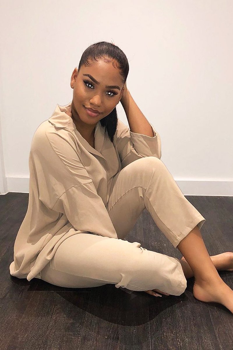 Beige Crepe Oversized Shirt and Cropped Trousers Co-ord - Ellee-Co-ords