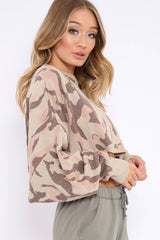 Beige Cropped Batwing Camo Jumper - Lizy-Jumper