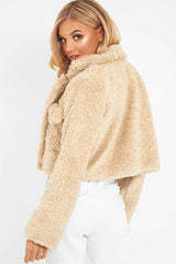 Beige Cropped Borg Popper Button Coat - Ezmerelda-Coats