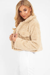 Beige Cropped Borg Popper Button Coat - Ezmerelda-Coats