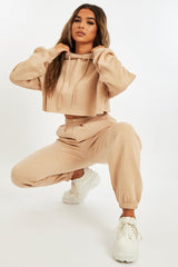 Beige Cropped Oversized Hoodie and Joggers Co-ord - Karenza-Loungewear