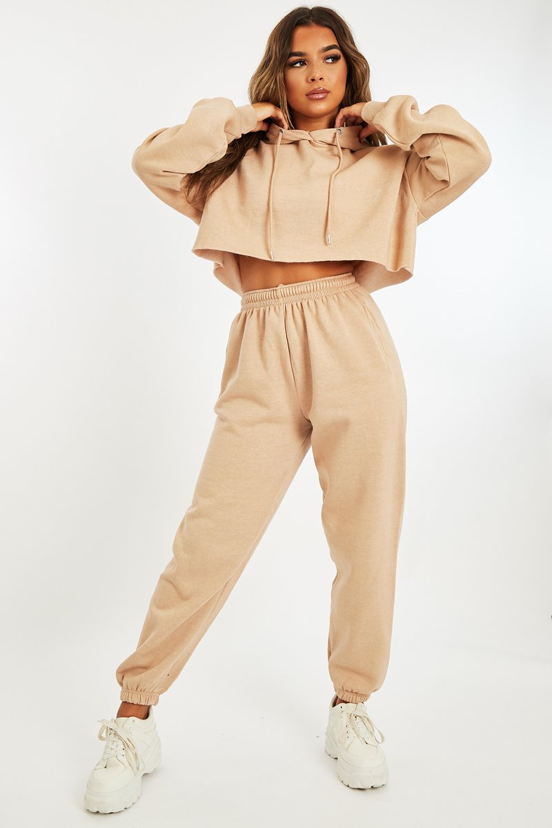 Beige Cropped Oversized Hoodie and Joggers Co-ord - Karenza ...