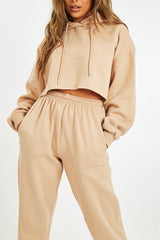 Beige Cropped Oversized Hoodie and Joggers Co-ord - Karenza-Loungewear