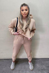 Beige Cropped Oversized Hoodie and Joggers Co-ord - Karenza-Loungewear