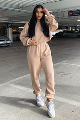 Beige Cropped Oversized Hoodie and Joggers Co-ord - Karenza-Loungewear
