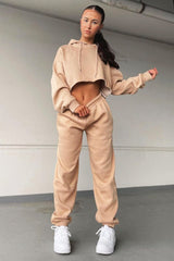 Beige Cropped Oversized Hoodie and Joggers Co-ord - Karenza-Loungewear