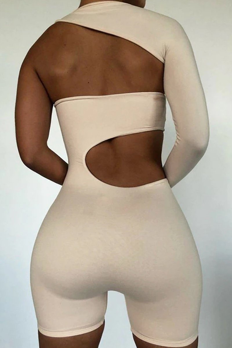 Beige Cut Out One Sleeve Playsuit - River-Playsuits