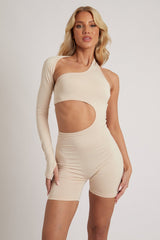 Beige Cut Out One Sleeve Playsuit - River-Playsuits