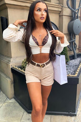 Beige Denim Mom Fit Shorts - Moxie-Shorts