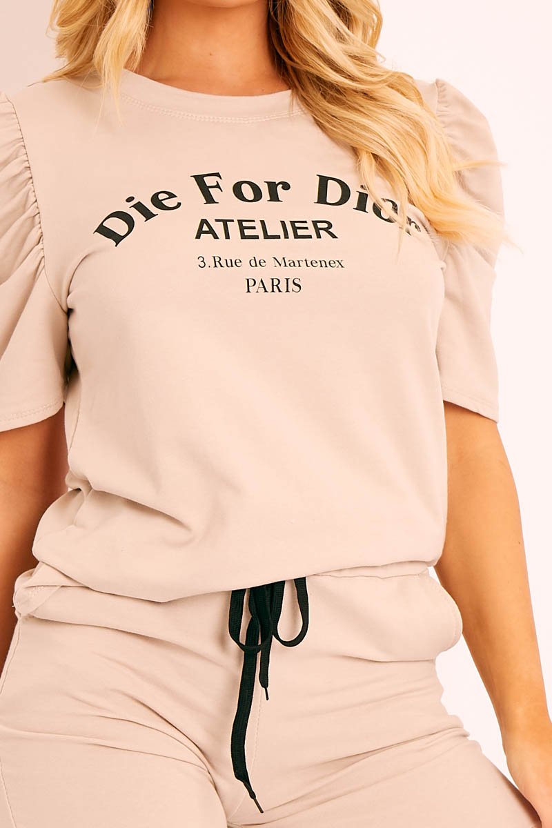 Beige Die For Dior T-shirt and Shorts Loungewear Co-ord - Kaelie-Co-ords