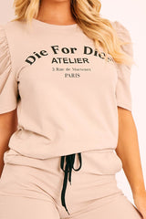 Beige Die For Dior T-shirt and Shorts Loungewear Co-ord - Kaelie-Co-ords