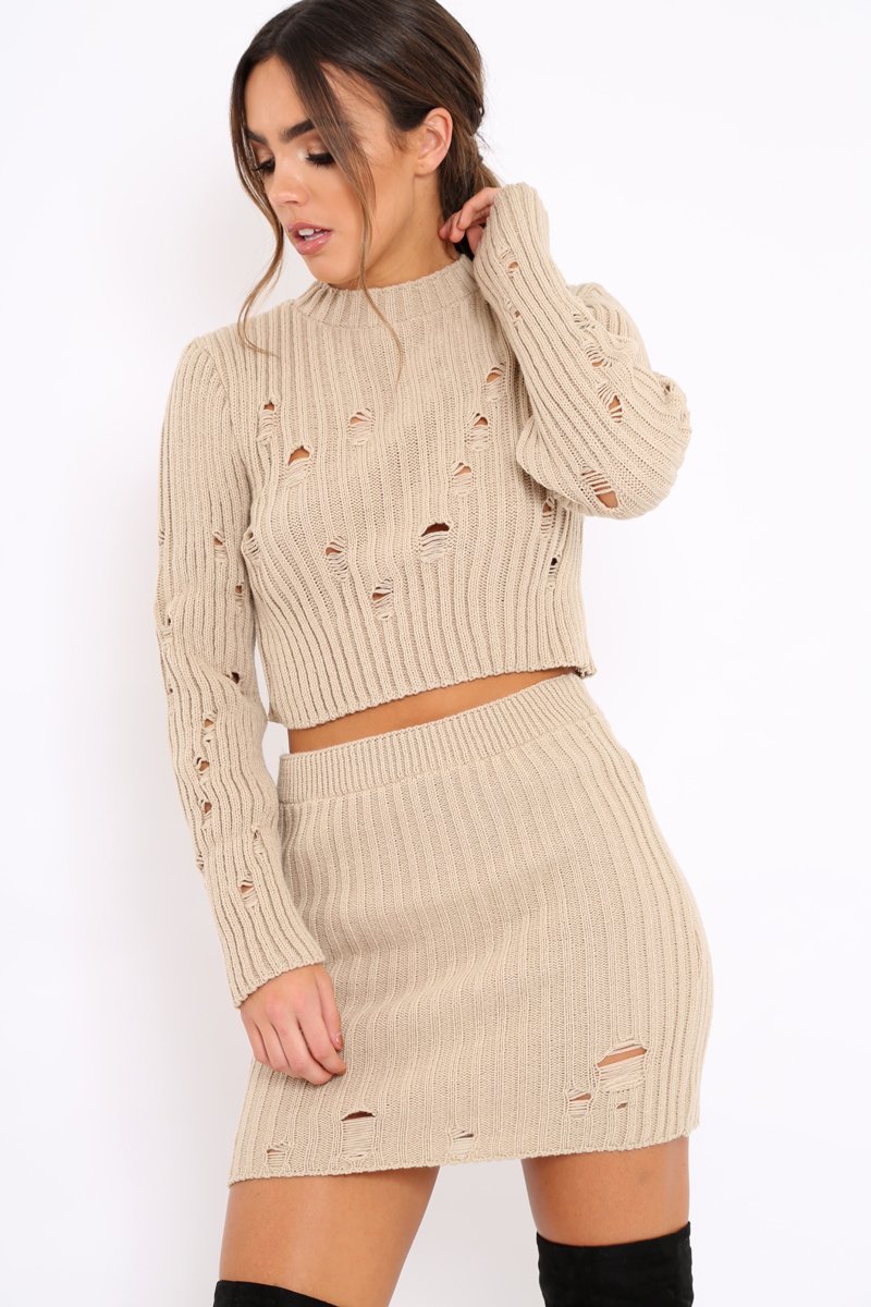 Beige Distressed Cable Knit Co-ord - Dayla-Co-ords