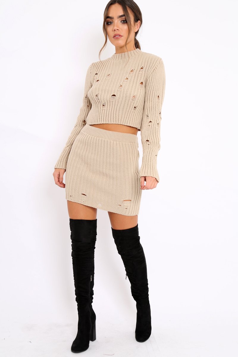 Beige Distressed Cable Knit Co-ord - Dayla-Co-ords