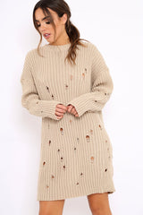 Beige Distressed Cable Knit Jumper Dress - Abea-Dresses