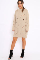Beige Distressed Cable Knit Jumper Dress - Abea-Dresses