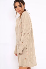 Beige Distressed Cable Knit Jumper Dress - Abea-Dresses