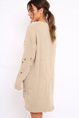 Beige Distressed Cable Knit Jumper Dress - Abea-Dresses