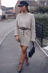 Beige Distressed Cable Knit Jumper Dress - Abea-Dresses