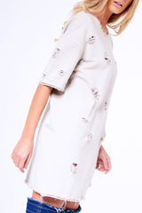 Beige Distressed Detail Short Sleeved Jumper Dress - Cammie-Jumper