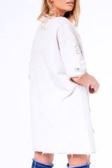 Beige Distressed Detail Short Sleeved Jumper Dress - Cammie-Jumper